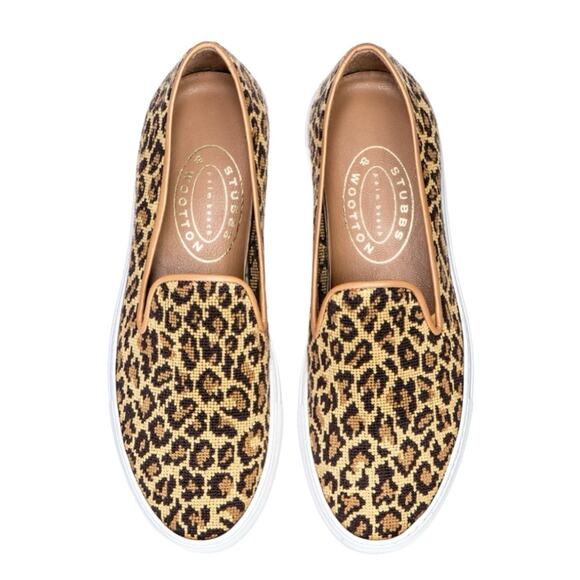 STUBBS & WOOTTON Women's Sz(US 7) Jane Leopard Print Needlepoint Slip-on Sneaker